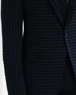 A Navy Blue, Seersucker, Reversed Pin Stripe Peak Lapel Suit
