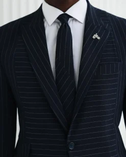 A Navy Blue, Seersucker, Reversed Pin Stripe Peak Lapel Suit