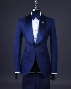 A Navy Blue, Shawl Lapel Floral Jacquard Tuxedo Suit