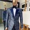 A Navy blue shawl lapel floral pattern jacquard blazer suit