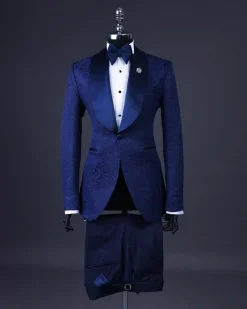 A Navy Blue, Shawl Lapel Floral Jacquard Tuxedo Suit