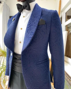 A Navy Blue shawl lapel floral pattern jacquard tuxedo suit
