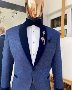 A Navy blue shawl lapel floral pattern jacquard blazer suit