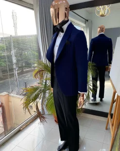 A Navy Blue shawl lapel floral pattern jacquard tuxedo suit