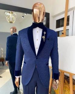 A Navy blue shawl lapel floral pattern jacquard blazer suit