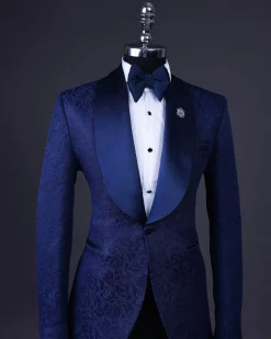 A Navy Blue, Shawl Lapel Floral Jacquard Tuxedo Suit