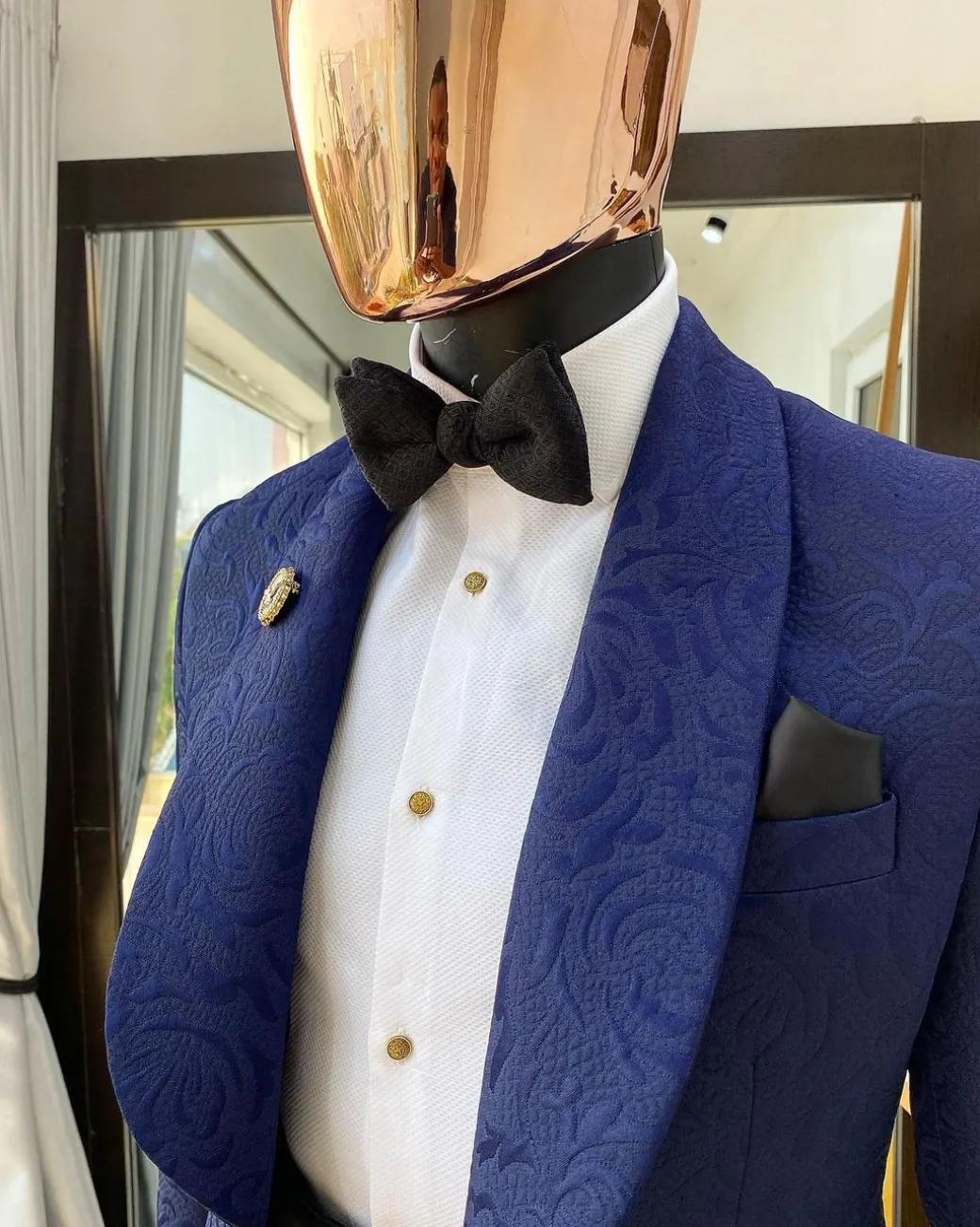 A Navy Blue shawl lapel floral pattern jacquard tuxedo suit