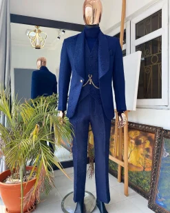A Navy blue shawl lapel floral pattern jacquard tuxedo suit