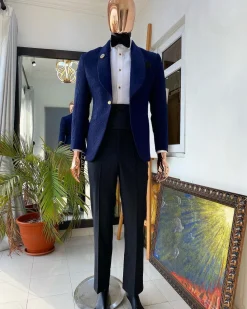 A Navy Blue shawl lapel floral pattern jacquard tuxedo suit