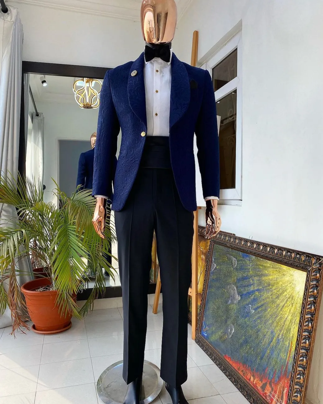 A Navy Blue shawl lapel floral pattern jacquard tuxedo suit