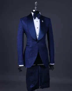 A Navy Blue, Shawl Lapel Floral Jacquard Tuxedo Suit