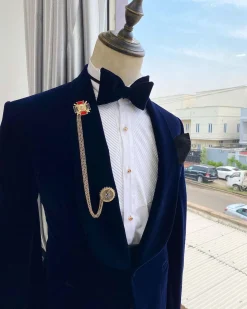 A Navy blue Shawl lapel Italian velvet tuxedo suit