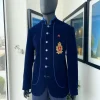 A Navy blue Soaked Italian velvet, long sleeve with woven tread taping safari suit