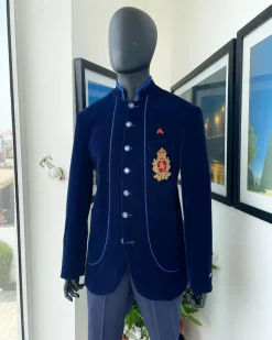 A Navy blue Soaked Italian velvet, long sleeve with woven tread taping safari suit