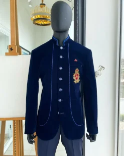 A Navy blue Soaked Italian velvet, long sleeve with woven tread taping safari suit