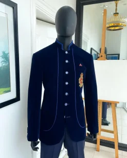 A Navy blue Soaked Italian velvet, long sleeve with woven tread taping safari suit