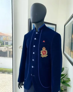 A Navy blue Soaked Italian velvet, long sleeve with woven tread taping safari suit