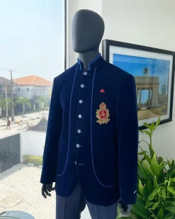 A Navy blue Soaked Italian velvet, long sleeve with woven tread taping safari suit