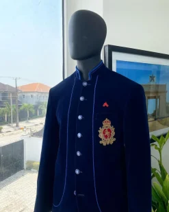 A Navy blue Soaked Italian velvet, long sleeve with woven tread taping safari suit