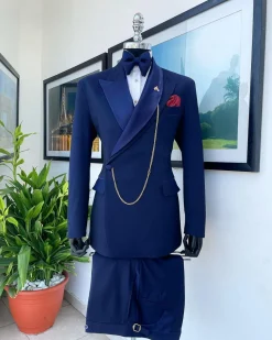 A Navy Blue Tiny Squared Metallic Jacquard Bespoke Reloaded “Arthur Richards” Tuxedo 3 Lapel Suit.