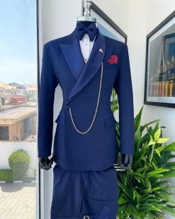 A Navy Blue Tiny Squared Metallic Jacquard Bespoke Reloaded “Arthur Richards” Tuxedo 3 Lapel Suit.