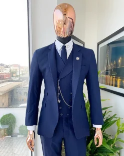 A Navy blue, tiny square-patterned Jorgecarli Super 140’s “Board Room” notch lapel suit