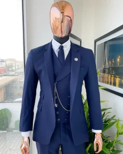 A Navy blue, tiny square-patterned Jorgecarli Super 140’s “Board Room” notch lapel suit