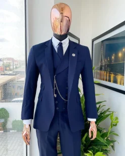 A Navy blue, tiny square-patterned Jorgecarli Super 140’s “Board Room” notch lapel suit