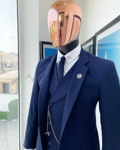 A Navy blue, tiny square-patterned Jorgecarli Super 140’s “Board Room” notch lapel suit