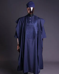 A Navy blue, triple v, squared 7 monochrome embroidery details Agbada