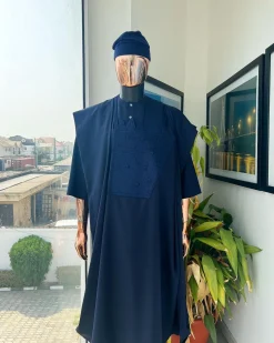 A Navy blue, triple v, squared 7 monochrome embroidery details Agbada