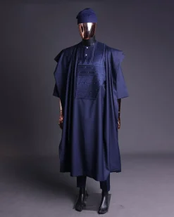 A Navy blue, triple v, squared 7 monochrome embroidery details Agbada