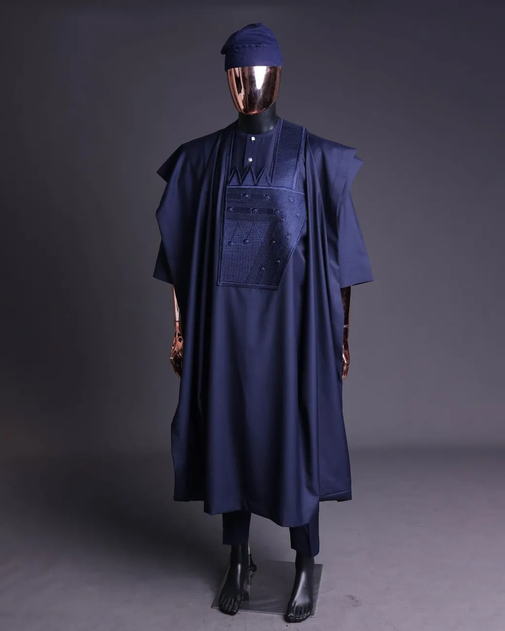 A Navy blue, triple v, squared 7 monochrome embroidery details Agbada