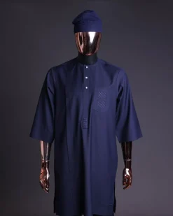 A Navy blue, triple v, squared 7 monochrome embroidery details Agbada