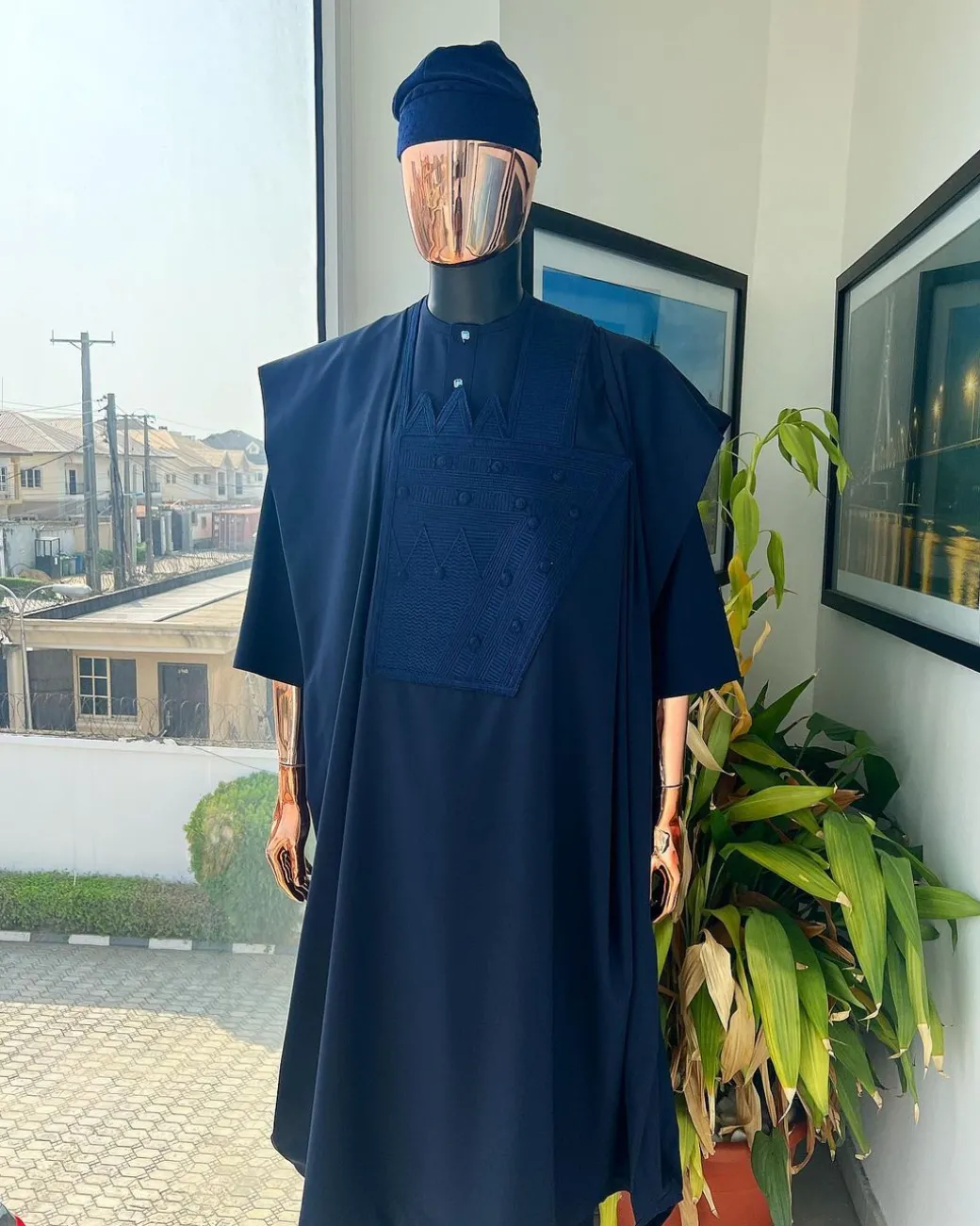 A Navy blue, triple v, squared 7 monochrome embroidery details Agbada