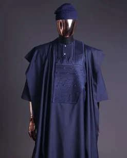 A Navy blue, triple v, squared 7 monochrome embroidery details Agbada