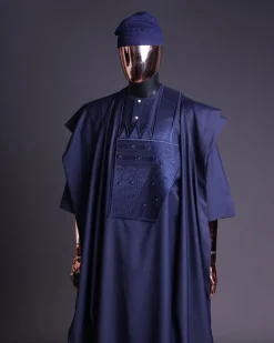 A Navy blue, triple v, squared 7 monochrome embroidery details Agbada