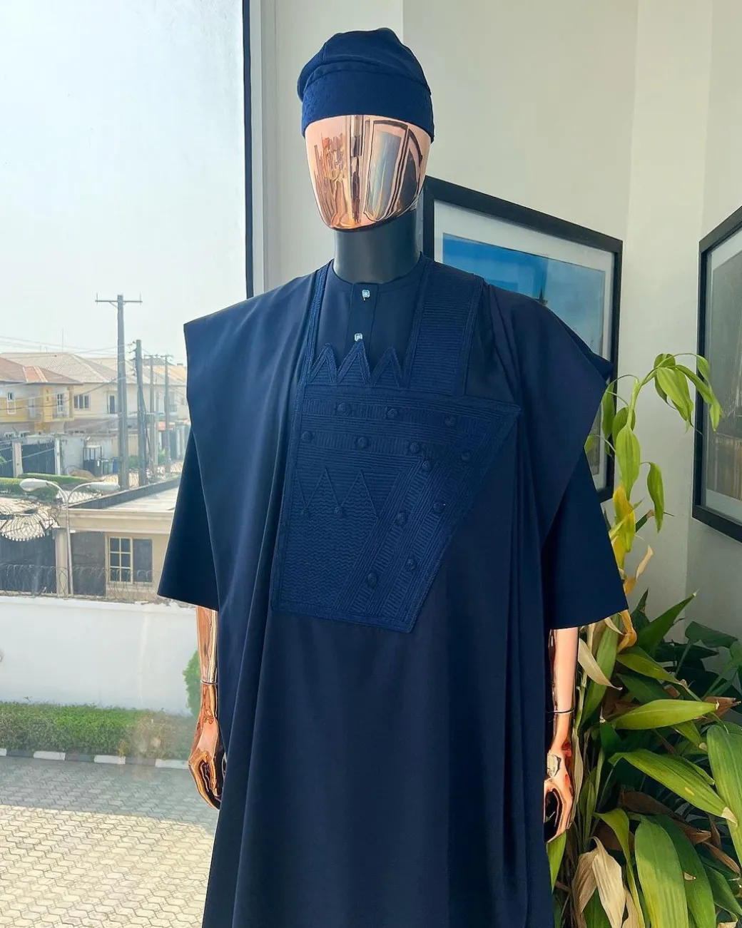 A Navy blue, triple v, squared 7 monochrome embroidery details Agbada