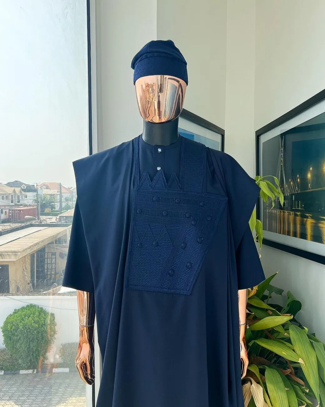 A Navy blue, triple v, squared 7 monochrome embroidery details Agbada