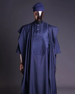 A Navy blue, triple v, squared 7 monochrome embroidery details Agbada