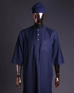 A Navy Blue, v and square shaped pocket with net embroidery details, 3/4 sleeve African senator Kaftan native.