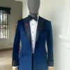 A Navy Blue Velvet Dinner Peak Lapel Tuxedo Suit
