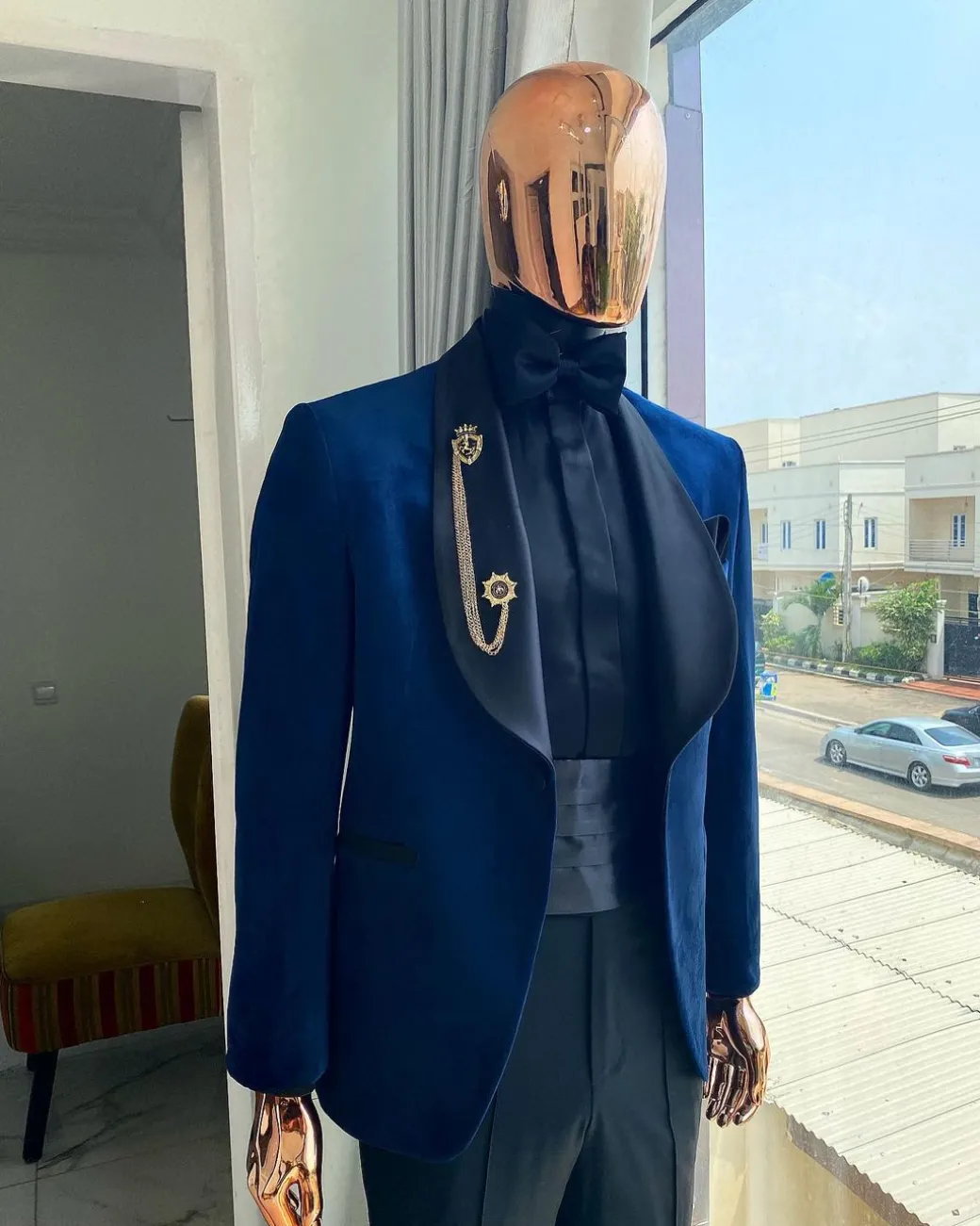 A Navy Blue velvet dinner shawl lapel tuxedo suit