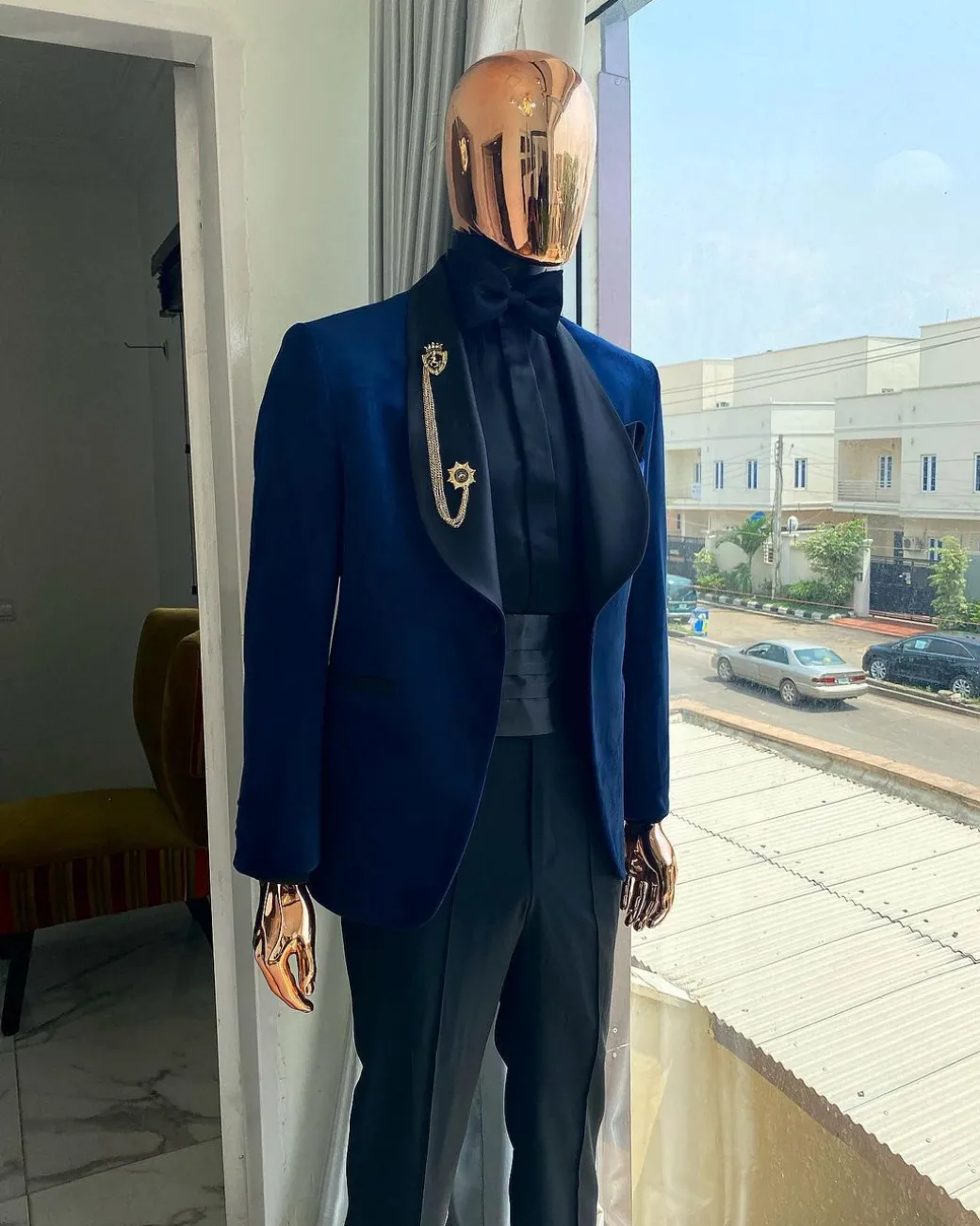 A Navy Blue velvet dinner shawl lapel tuxedo suit