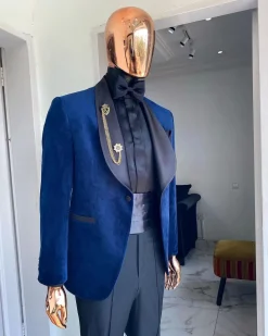 A Navy Blue velvet dinner shawl lapel tuxedo suit