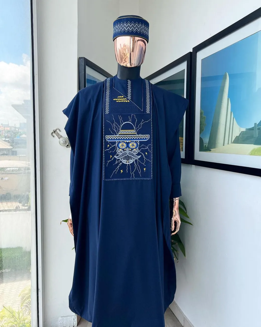 A Navy Blue, vexing demagogue metallic wire embroidery details agbada