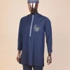 A Navy blue, vexing demagogue pocket and flap embrodery, long sleeve African senator kaftan native.
