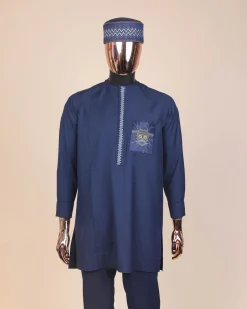 A Navy blue, vexing demagogue pocket and flap embrodery, long sleeve African senator kaftan native.