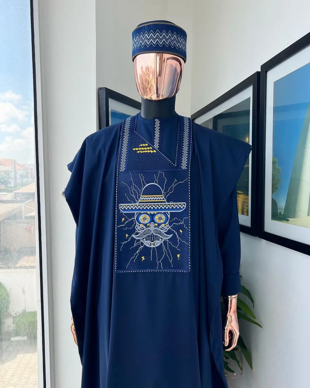 A Navy Blue, vexing demagogue metallic wire embroidery details agbada