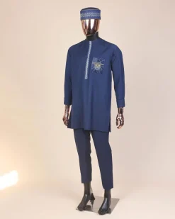 A Navy blue, vexing demagogue pocket and flap embrodery, long sleeve African senator kaftan native.